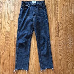 Rouje Paris sz 25 button fly Black Denim Jeans raw edge great pre owned cond